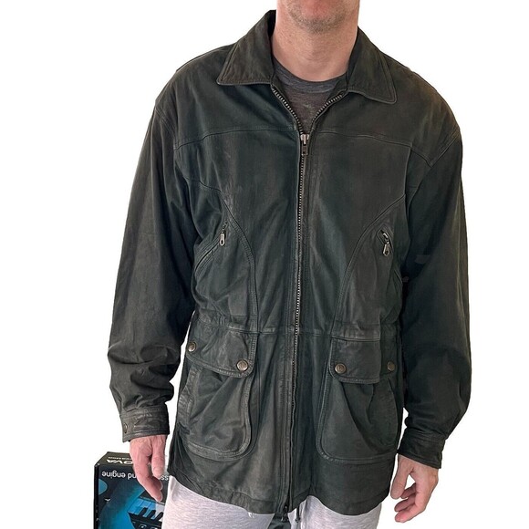 Vintage 80s 90s Grunge 100% Leather Worn Forest Green Heavy Coat Jacket Men's M - Picture 1 of 14